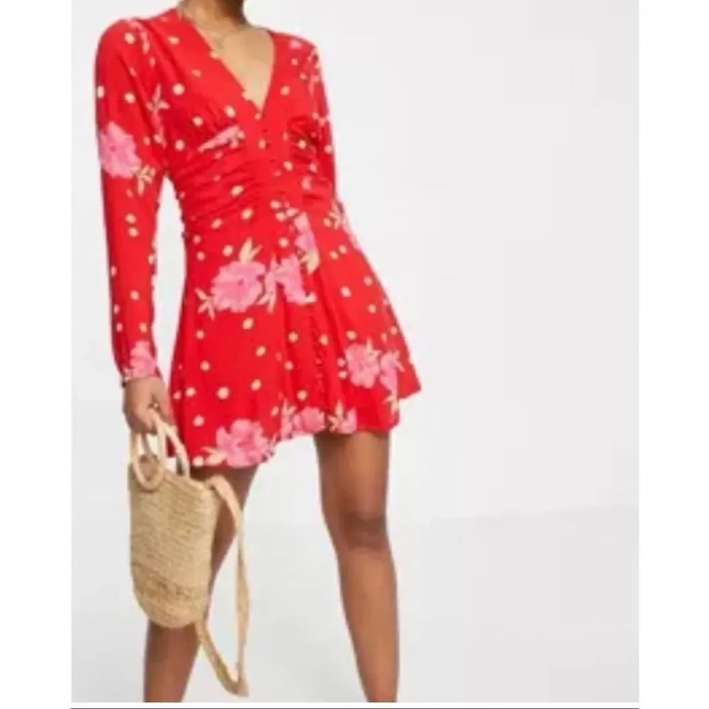 NET Free People Red Floral Button Down Ruched Side Dress Size: L Free People
